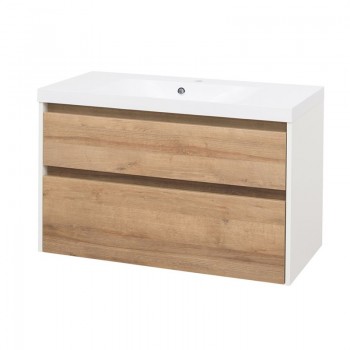 Mereo Opto - Opto, koupelnová skříňka s umyvadlem z litého mramoru 101 cm, bílá/dub Riviera